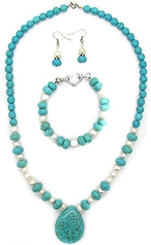 Big Blue Stone Pendant Cultured Freshwater Pearl Necklace Earring Bracelet Set