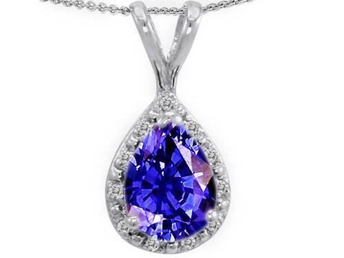 1.61 cttw 14k Gold Genuine Diamonds and Pear Shape Lab Created Tanzanite Pendant in 14k White Gold