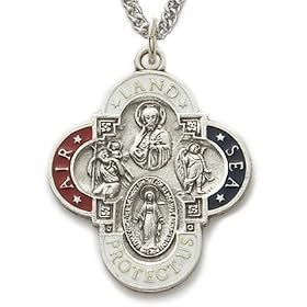 Sterling Silver 1 1/8" Round Engraved Multi- Color Enameled Mlititary Four Way Medal on 24" Chain