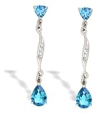 14K White Gold Genuine Pear Blue Topaz and Diamond Dangle Drop Earrings