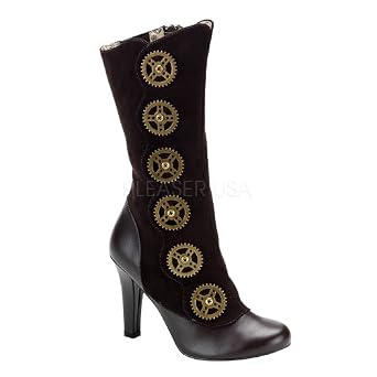 TESLA-108 Dark Brown Steampunk Calf Boot With Steam Gear Buttons
