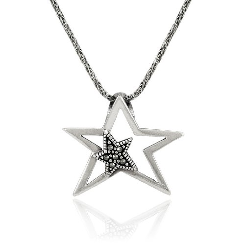 Sterling Silver Marcasite Twin Star Pendant, 18″