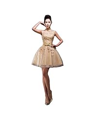 Applique Tulle High-Neck Sleeveless 2015 Short Bridesmaid Dress 