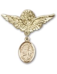 14K Gold Baby Badge with Our Lady of Lourdes Charm and Angel with Wings Badge Pin