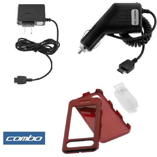 Solid Red Rubberized Snap on Crystal Hard Case + Car Charger + Home Travel Charger for Sprint Samsung SPH-M800 Instinct Cell Phone