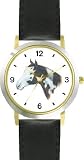 Dark Brown and White Paint or Pinto Horse - JP - Horse - WATCHBUDDY® DELUXE TWO-TONE THEME WATCH - Arabic Numbers - Black Leather Strap-Size-Large ( Men's Size or Jumbo Women's Size )
