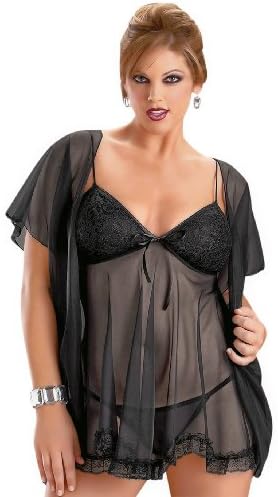 Escante Women's Plus Size Black Babydoll and Sheer Coat Set (2x)