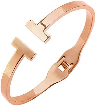 Touch Love Women's T Wire Cuff Bracelet Skinny Narrow Stainless Steel Bangle Rose Gold