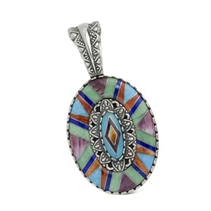 Southwest Spirit Sterling Silver Turquoise Multi-Gemstone Channel Inlay Floral Pendant Enhancer