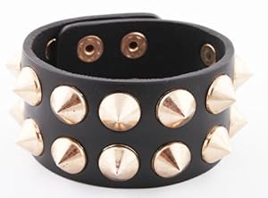 Black with Gold Spiked Genuine Leather Adjustable Snap Bracelet