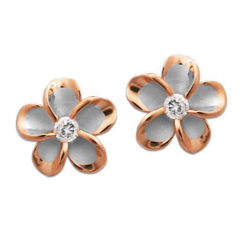 Sterling Silver Two-Tone Rose Plumeria Stud Earrings, 15mm