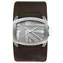 GUESS? Men's Antique Silver-Tone and Brown Leather Watch #W90032G2