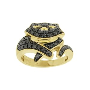 Yellow Gold Plated Silver Black-Diamond Cat Ring, Size 7