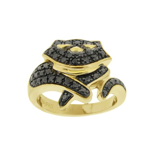 Yellow Gold Plated Silver Black-Diamond Cat Ring, Size 8