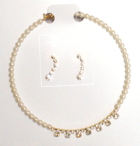 Click here to buy One Strand Simulated Ivory Pearls and Crystals Choker Necklace Ear Rings for Women and Teens.
