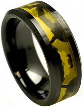 FREE ENGRAVING -8MM Black Ceramic Wedding Band Ring Army Green Camouflage Inlay (9.5)