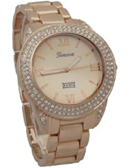 Geneva MN Collection Women Quartz Rose Gold Case N Band Rhinestones on Bezel Glirtz