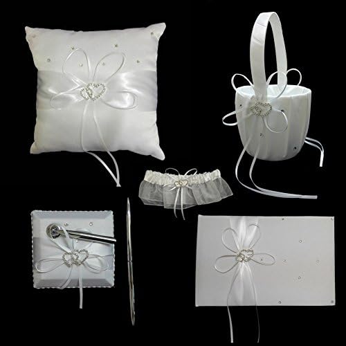 Teasun 1 Wedding Guest Book + 1 Pen Set + 1 Flower Girl Basket + 1 Ring Bearer Pillow + 1 Garter , White