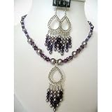 NSC157 Genuine Swarovski Purple Pearls & Amethyst Crystals w/ Dangling Pendants Necklace Set