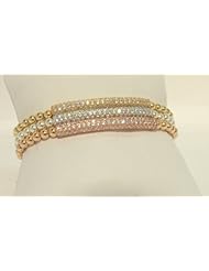 Stretch Bracelet Set of Three on 4mm Sterling Silver Gold Filled and Rose Gold Beads with Sterling Cz Pave Bars Matching Plating in Gold Plated Rose Gold and White Gold Plated Handmade 6.5 Inches Size