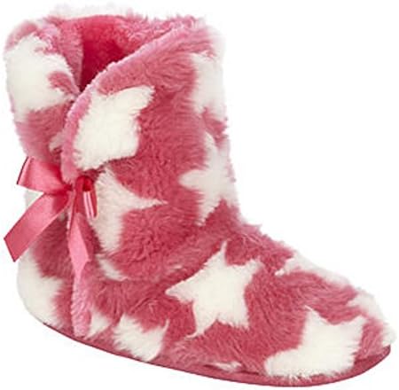 Bongo Girls Pink Star Boot Slippers Plush Faux Fur Booties House Shoes