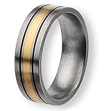 14k Gold Inlaid Flat Brushed & Antiqued Titanium Ring (7.0 mm) With Wood Box - Sizes 8.5-12.5
