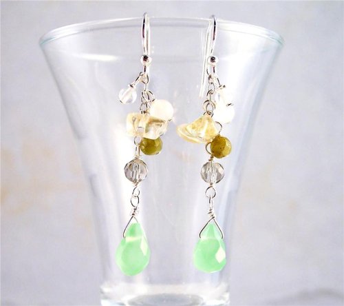 Click here to buy Sterling Silver Prism Gemstone Cluster and Faceted Green Apple Quartz Drop Earrings.
