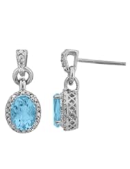 Sterling Silver Light Blue Topaz and Diamond Oval Dangle Earrings