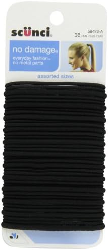 Scunci by Conair No Damage Assorted Sizes Elastics, for Women and Men, Elastic Hair Ties with No Damage in Black, 36 Pack
