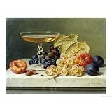A Glass of Champagne, Grapes Plums and a Peach on a Marble Ledge Giclee Poster Print by... by Art.com