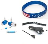 Nokia 5310 Accessory Bundle- Metal Bullet Blue Stereo Headset Earphones + Auto Car Vehicle Charger + Free Stars Stripes Wristband