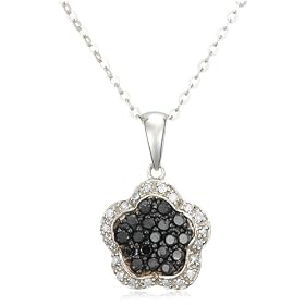 Sterling Silver Black and White Diamond (.48 cttw) Flower-Shaped Pendant, 18.5"