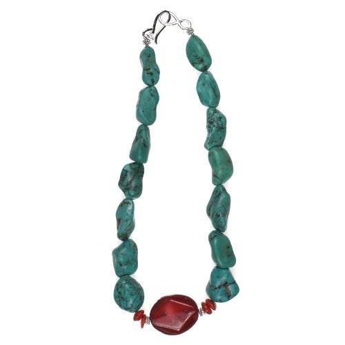 Sterling Silver Genuine Turquoise Nugget and Coral Necklace, 16