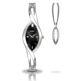 Seksy Sparkle by Sekonda Ladies Black MOP Dial Swarovski Crystal Case Stainless Steel Bracelet Watch 4405 + Matching pendant Free Gift