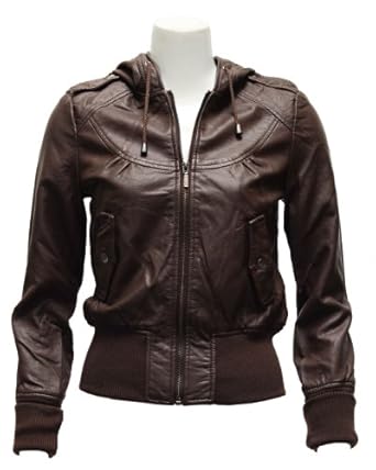 Ladies Brown Synthetic Hooded Leather Jacket