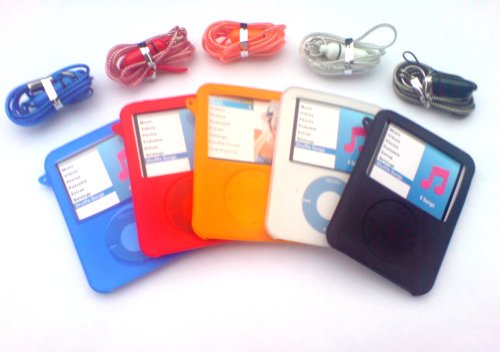 KMS - SET OF S SILICONE COVERS (BOY COLLECTION) 3G SKINS CASES FOR APPLE iPOD NANO 3G 3RD GENERATION (BLACK, BLUE, WHITE, RED  ORANGE)