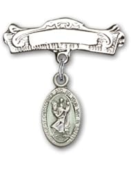 Sterling Silver Baby Badge with Blue St. Christopher Charm and Arched Polished Badge Pin