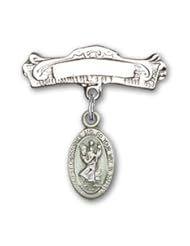 Sterling Silver Baby Badge with Blue St. Christopher Charm and Arched Polished Badge Pin