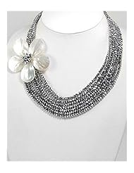 Black Diamond Flower Mother of Pearls Necklace In Sterling Silver