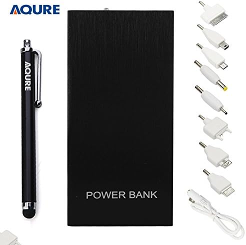AQURE Ultrathin 20000mAh Dual USB Portable External Battery Charger Power Bank with 8 in 1 Cable and Stylus Pen for Iphone Ipad Samsung Blackberry Rechargeable Emergency Backup (Black)