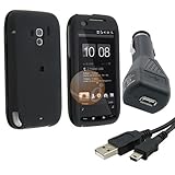 Black Rubberized Snap On Cover Case + USB Car Charger + Mini USB Data Charg ....