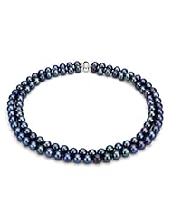 Sterling Silver 2 Rows 8-9mm Black Cultured Freshwater Pearl High Luster Necklace 17"-18" Length.