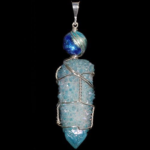 Aqua Aura Spirit Quartz Wire Wrap Pendant Sterling with Venetian Glass Opalescent Foil Bead By Puppylove