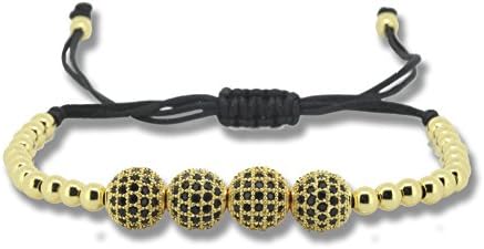 24k Gold Plated Coppers Beads 10mm CZ Beads Rope Macrame Bracelet For Men (yellow gold)