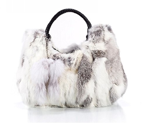 Queenshiny Women's Top Double Handle Brushed Real Rabbit Fur Handbag Shoulder Bag-Gray