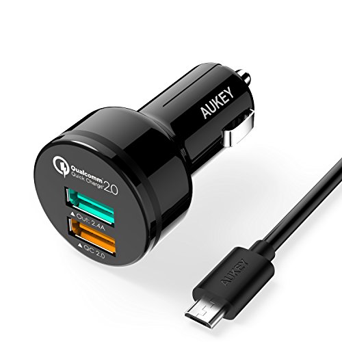 Aukey 24W / 4.8A Dual USB Car Charger with AIPower Tech for Apple, Android Tablets & Phones, Bluetooth Speaker, GPS, External Battery Charger and Many other USB Powered Mobile Devices (Black)