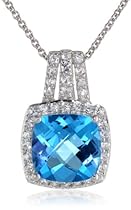 Sterling Silver, Cushion-Cut Blue Topaz, and Created White Sapphire Pendant Necklace, 18"