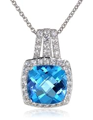 Sterling Silver, Cushion-Cut Blue Topaz, and Created White Sapphire Pendant Necklace, 18"