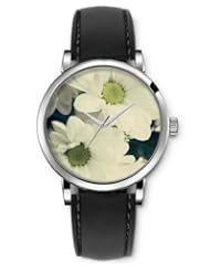 SPRAWL Aanalog Fashion Series Silver Ladies Watches of Genuine Black Leather Strap,Unique Wrist Watch for Women Girls Designed with white Flowers