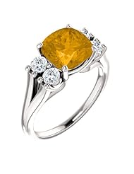 18K White Gold 8.00x8.00mm Antique Cushion Cut Citrine and Diamond Ring -- LIFETIME WARRANTY